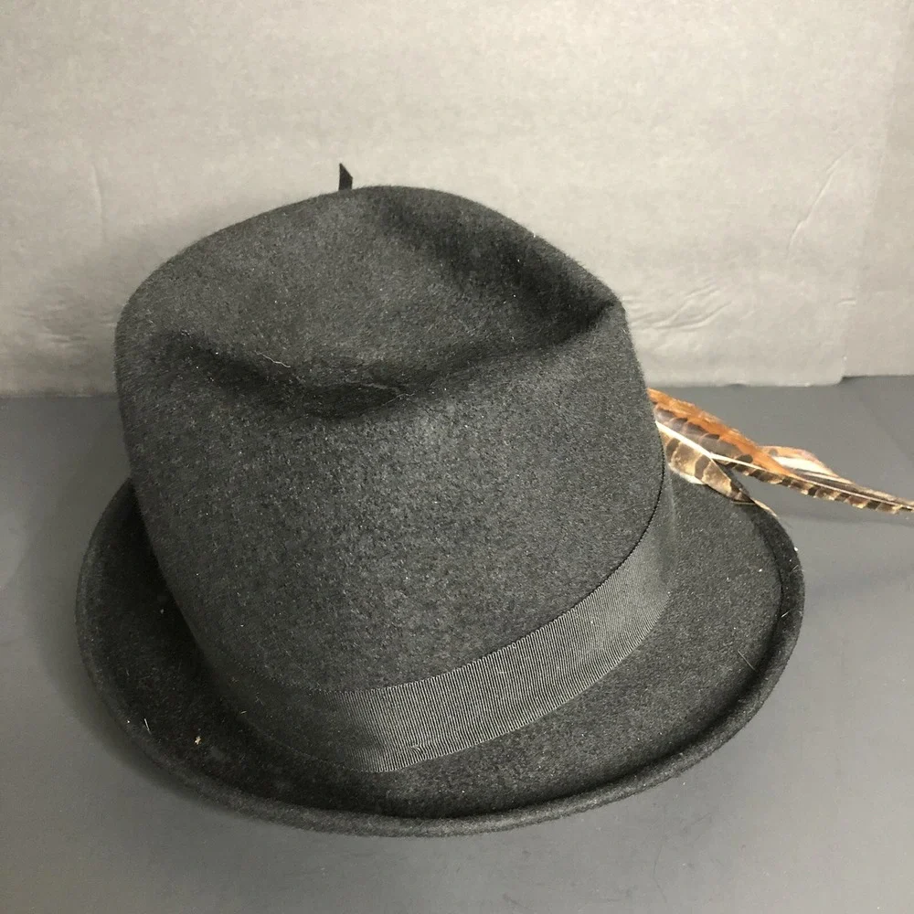 Vintage Henry Pollak Womens Hat Glenover Black Wool Bucket Grosgrain Feather - Picture 4 of 6